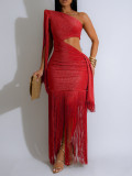 Women Silky Shiny Tassel Off-Shoulder Sexy Dress