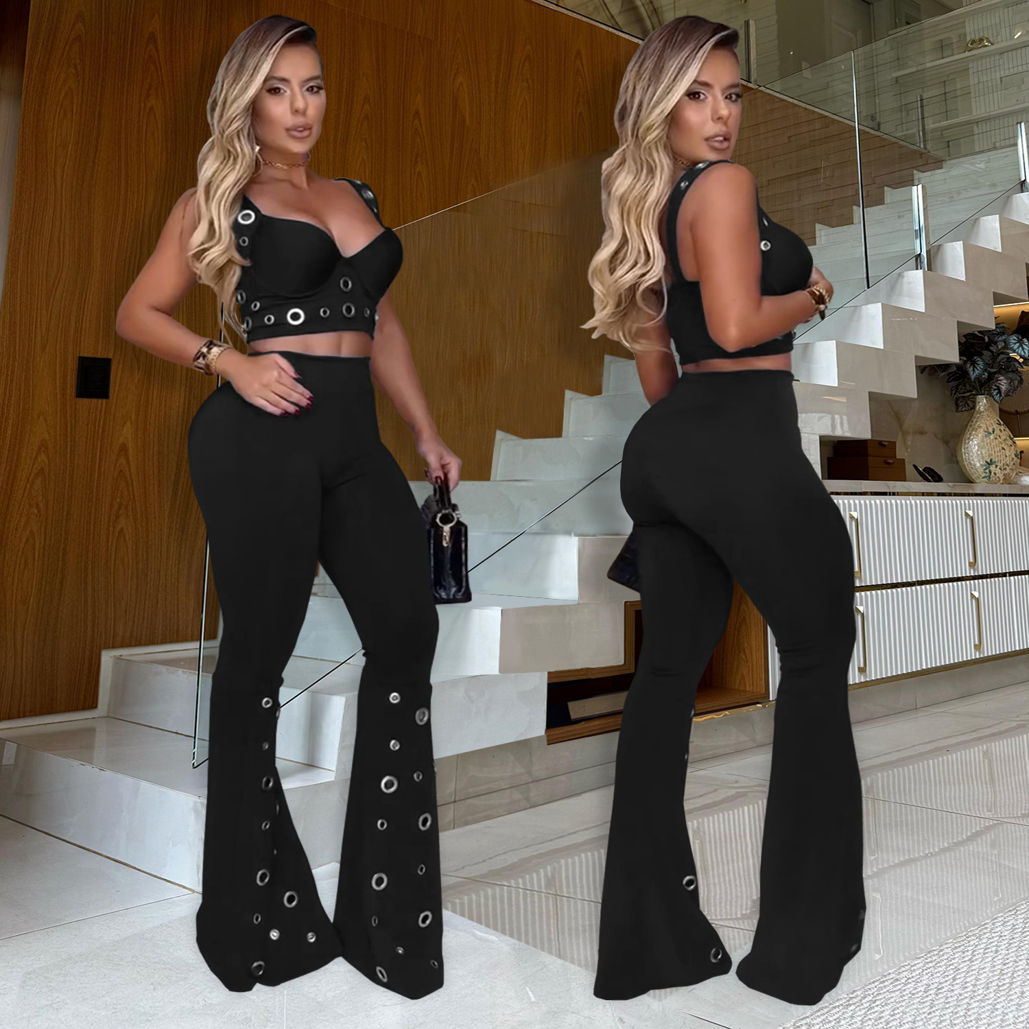 Women Sexy Top and Wide-Leg Pants Two-Piece Set