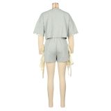 Women Casual Solid Round Neck Short-Sleeved T-Shirt and Shorts Two-Piece Set