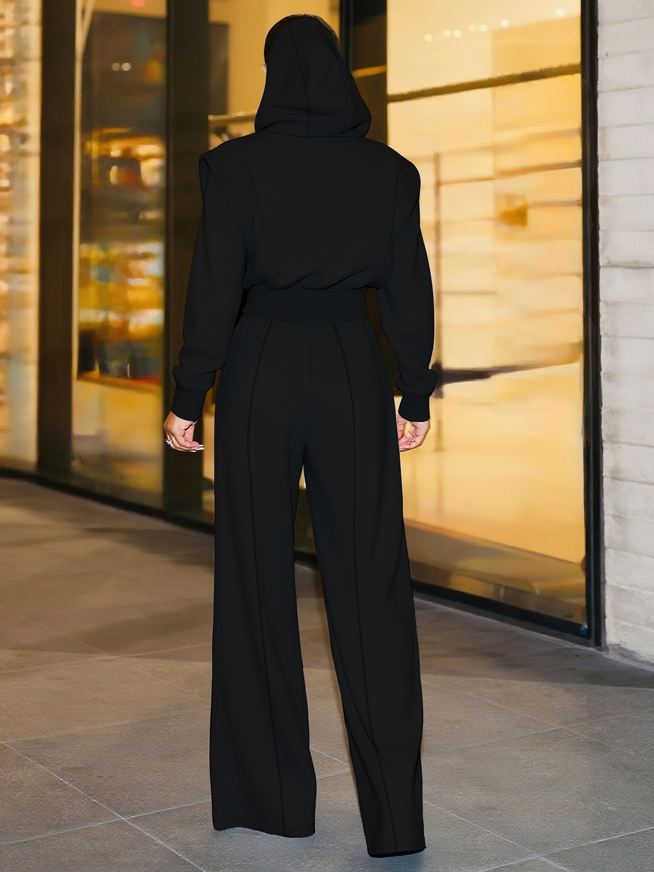 Women Elegant Long-Sleeved Hooded Crop Top and Pants Two-Piece Set