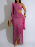 Women Silky Shiny Tassel Off-Shoulder Sexy Dress