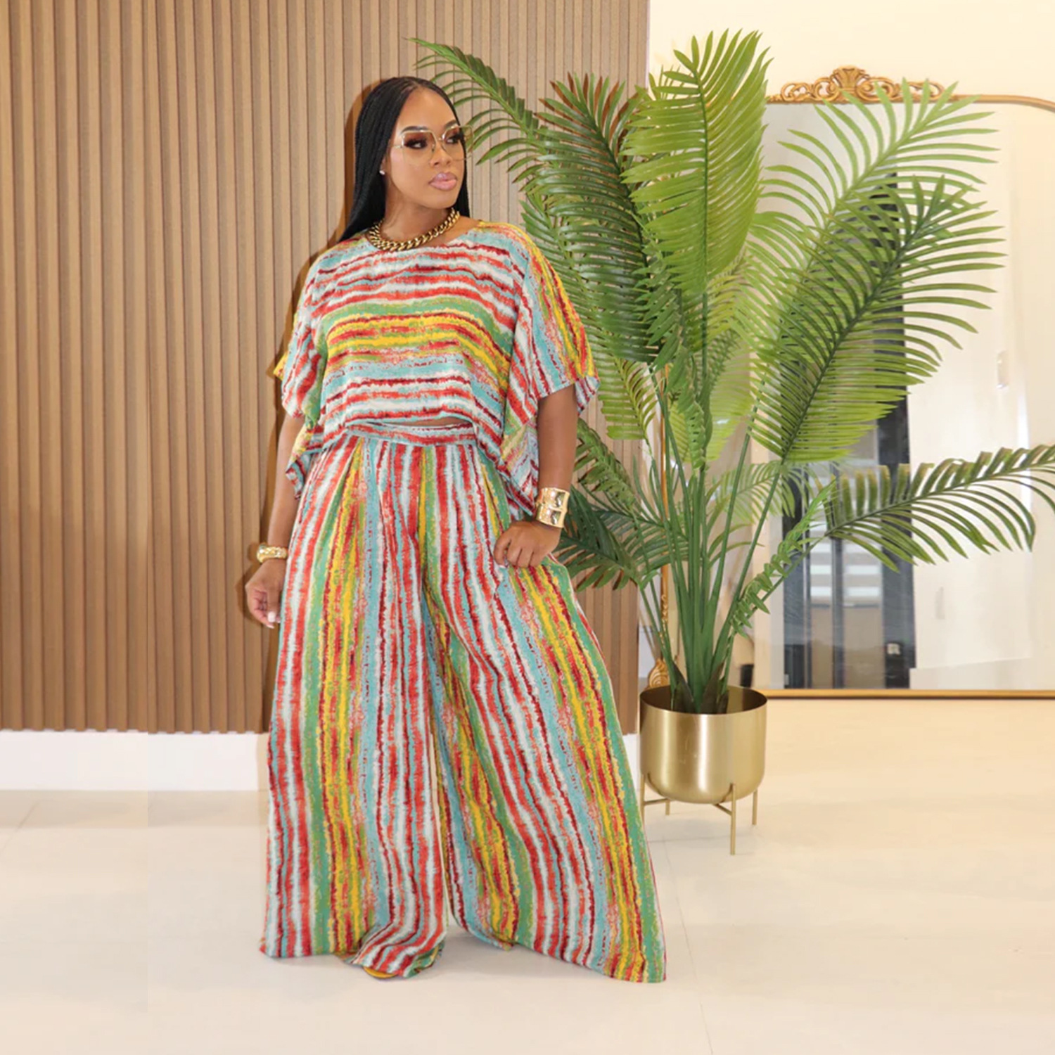 Women Casual Striped Top and Pants Two-Piece Set