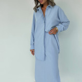 Women Turndown Collar Long-Sleeved Top and Slit Skirt Two-Piece Set