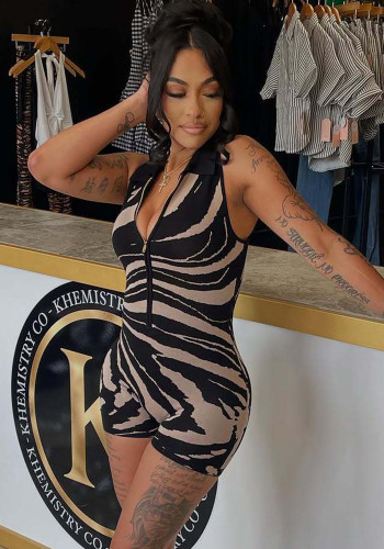 Women Sleeveless Ribbed Print Stretch Jumpsuit