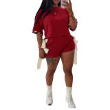 Women Casual Solid Round Neck Short-Sleeved T-Shirt and Shorts Two-Piece Set