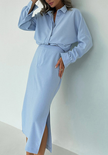 Women Turndown Collar Long-Sleeved Top and Slit Skirt Two-Piece Set
