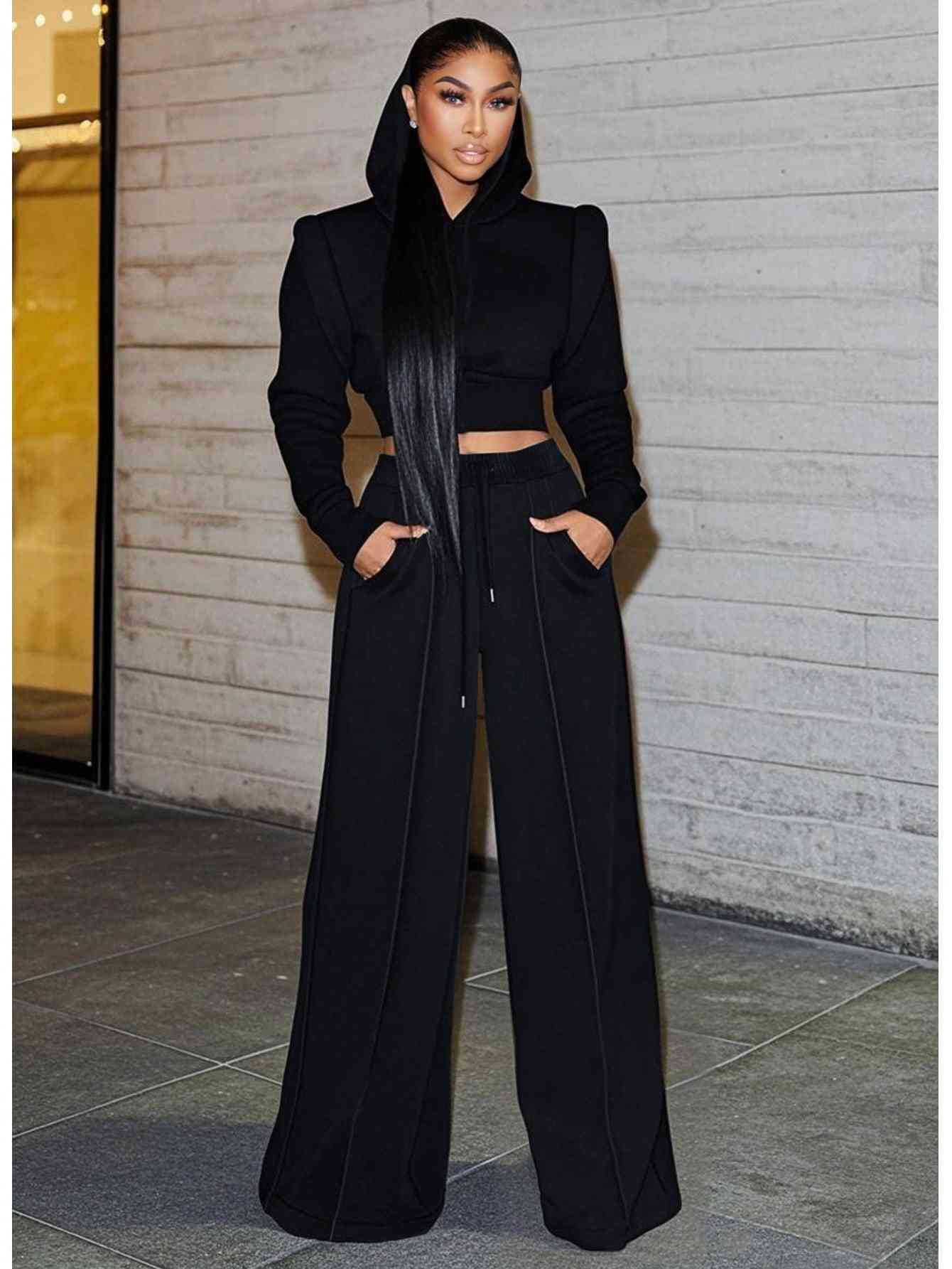 Women Elegant Long-Sleeved Hooded Crop Top and Pants Two-Piece Set