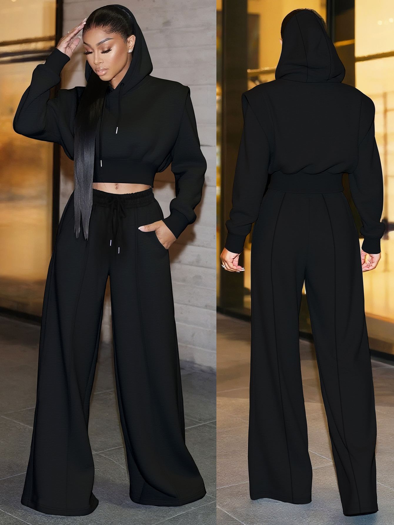 Women Elegant Long-Sleeved Hooded Crop Top and Pants Two-Piece Set