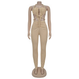 Women Sexy Casual Halter Neck Backless Solid Jumpsuit