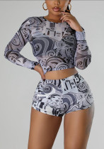 Women Sexy Mesh Print Long-Sleeved Top and Shorts Two-Piece Set