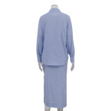 Women Turndown Collar Long-Sleeved Top and Slit Skirt Two-Piece Set