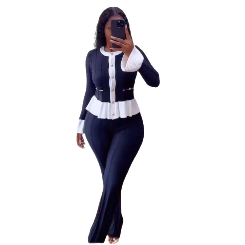 Women Long-Sleeved Knitting Top and Pant Two-Piece Set
