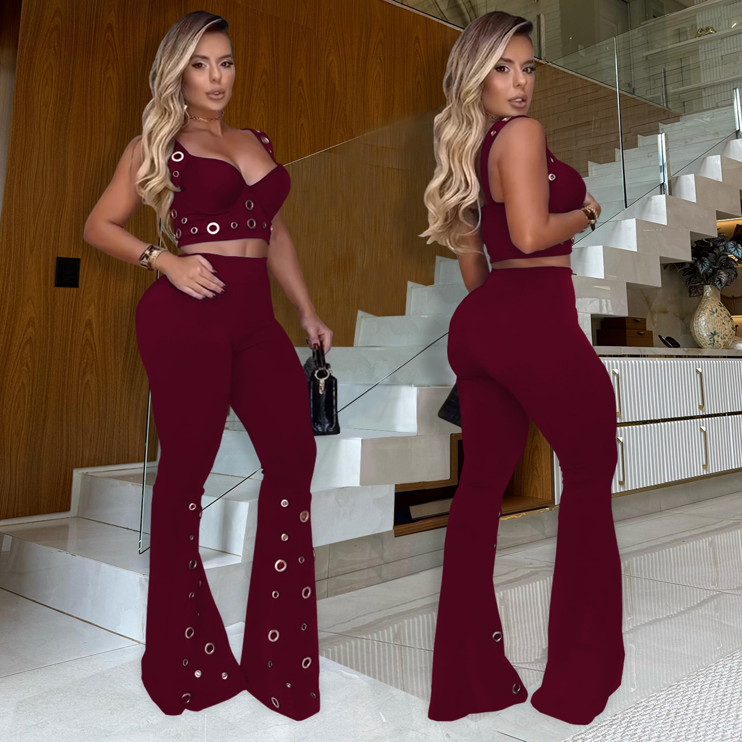 Women Sexy Top and Wide-Leg Pants Two-Piece Set