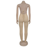Women Sexy Casual Halter Neck Backless Solid Jumpsuit