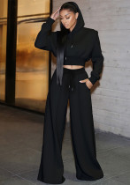 Women Elegant Long-Sleeved Hooded Crop Top and Pants Two-Piece Set Women Elegant Long-Sleeved Hooded Crop Top and Pants Two-Piece Set