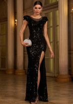 Women Sleeveless Round Neck Sequin Bodycon Formal Party Slit Evening Dress
