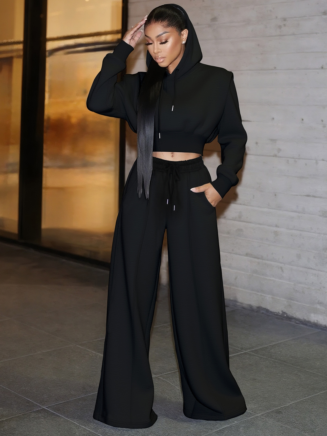 Women Elegant Long-Sleeved Hooded Crop Top and Pants Two-Piece Set