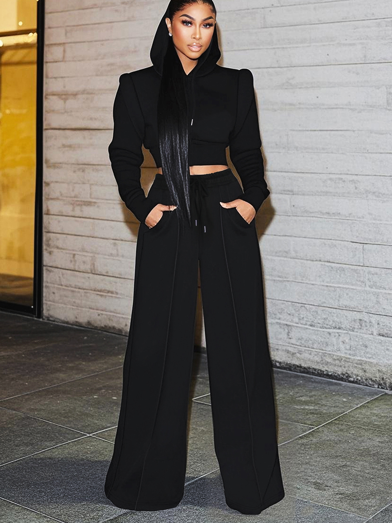 Women Elegant Long-Sleeved Hooded Crop Top and Pants Two-Piece Set