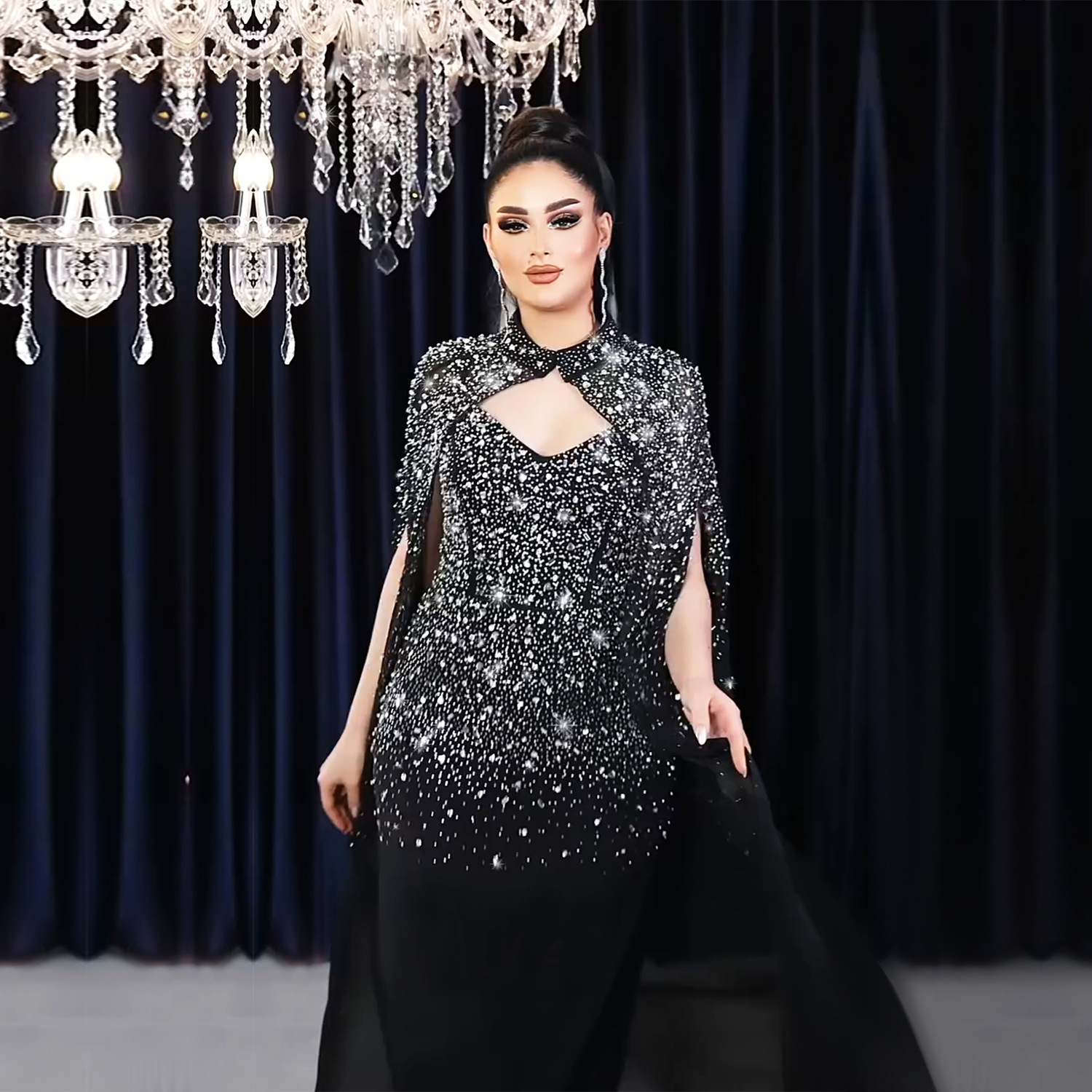 Women Sexy Beaded Bodycon Cape Dress