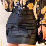 Women Summer Pu Leather Lace-Up Sexy Skirt