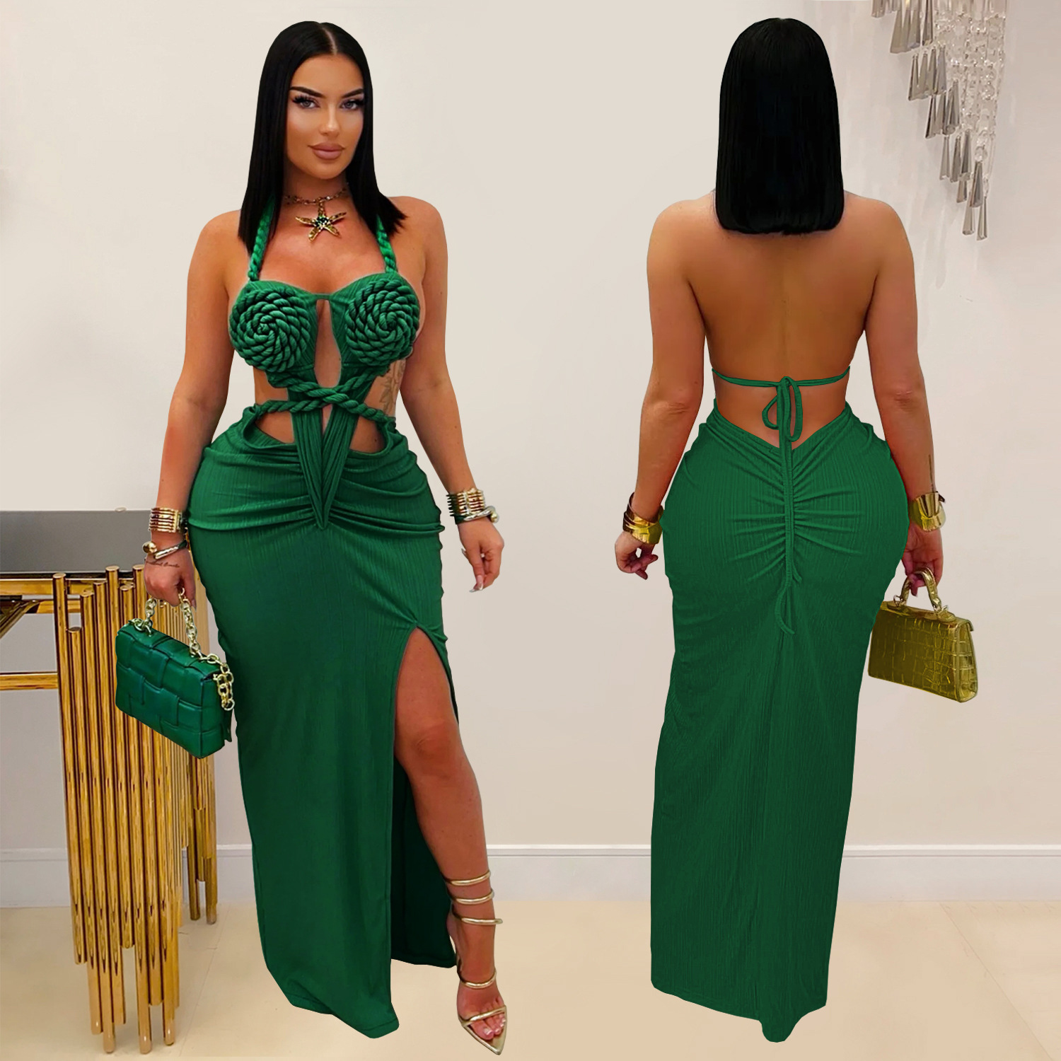 Women sexy knitting Halter Neck Backless Solid Dress