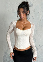 Women Autumn Lace Fishbone Long-Sleeved Top White T-Shirt