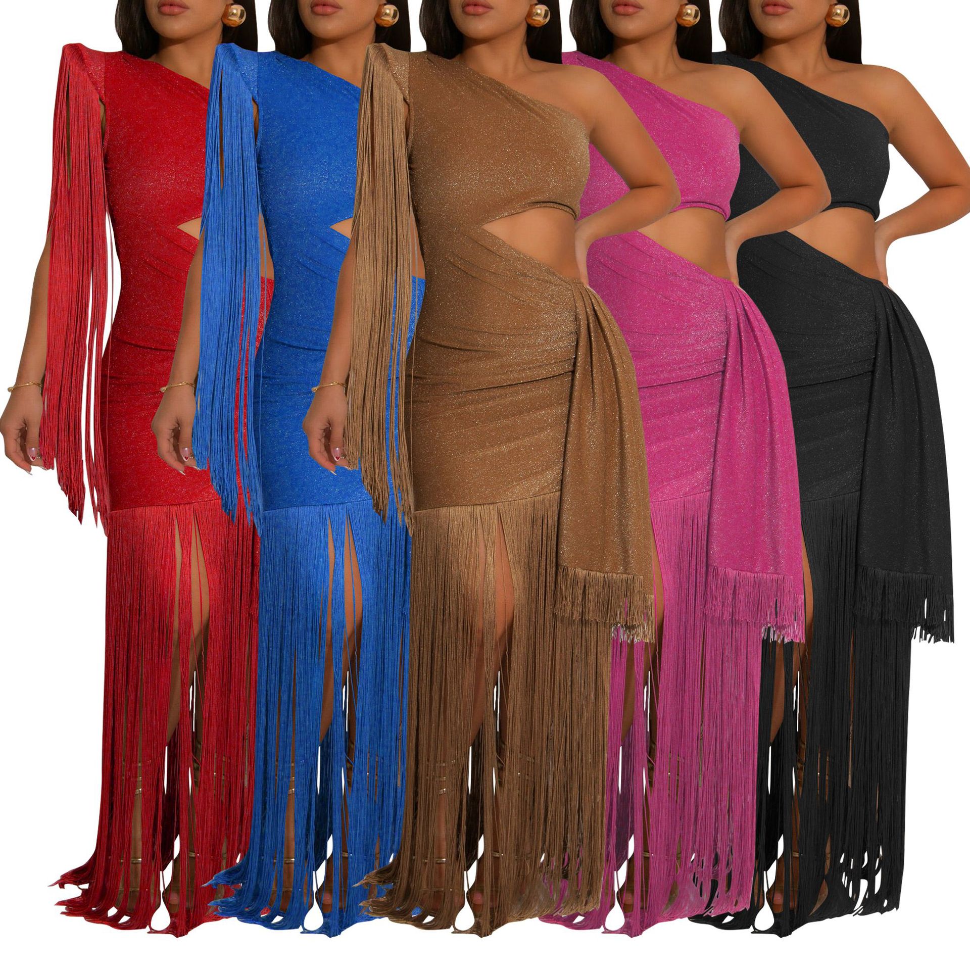 Silky Shiny Tassel Off-Shoulder Dress for Evening Parties