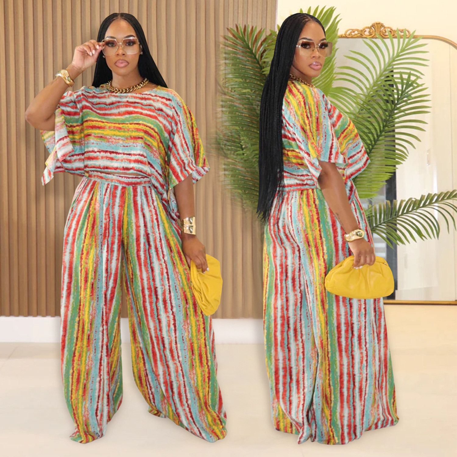 Women Casual Striped Top and Pants Two-Piece Set