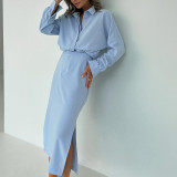 Women Turndown Collar Long-Sleeved Top and Slit Skirt Two-Piece Set