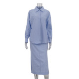 Women Turndown Collar Long-Sleeved Top and Slit Skirt Two-Piece Set