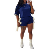 Women Casual Solid Round Neck Short-Sleeved T-Shirt and Shorts Two-Piece Set