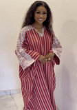 Women Summer Lace V-Neck Striped Dress
