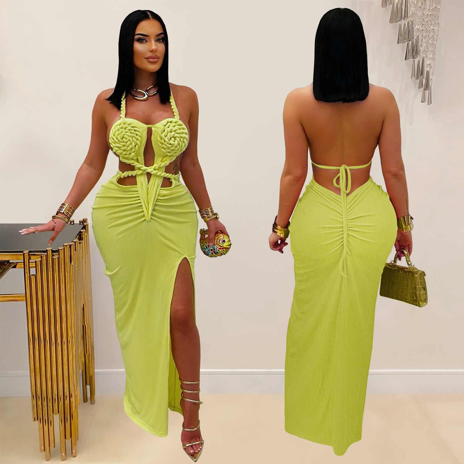 Women sexy knitting Halter Neck Backless Solid Dress