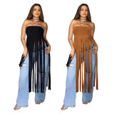 Women Sexy Suede Strapless Solid Fringe Dress