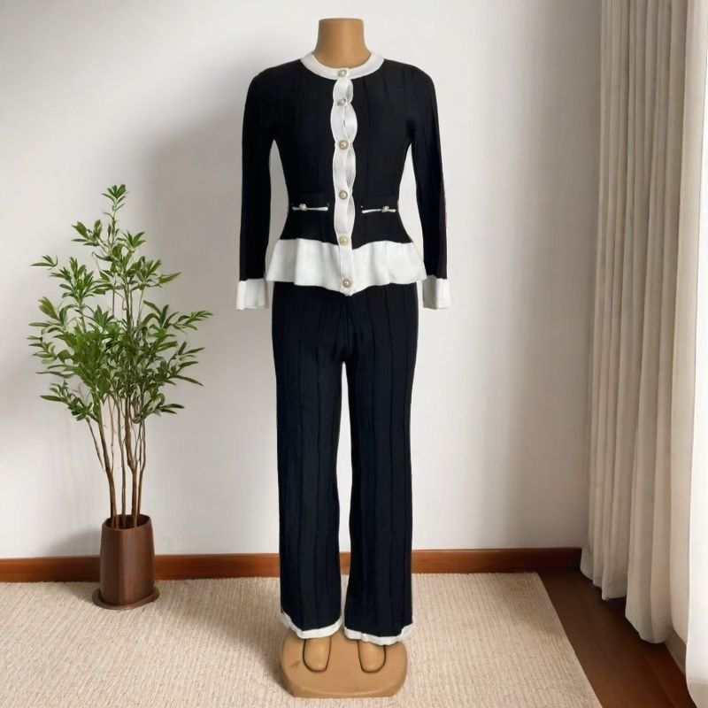 Women Long-Sleeved Knitting Top and Pant Two-Piece Set
