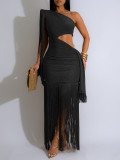 Women Silky Shiny Tassel Off-Shoulder Sexy Dress