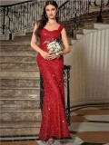Women Solid U-Neck Sequined Strappy Fishtail Evening Dress