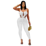 Women Sexy Casual Halter Neck Backless Solid Jumpsuit