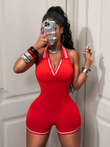Sexy Sleeveless Solid Color Low Back Halter Neck Short Jumpsuit for Women