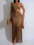 Women Silky Shiny Tassel Off-Shoulder Sexy Dress