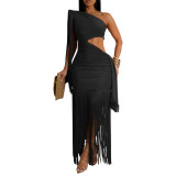 Women Silky Shiny Tassel Off-Shoulder Sexy Dress