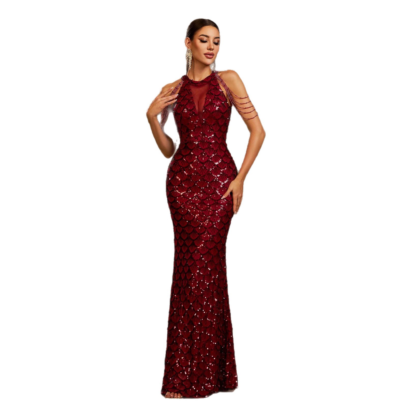 Women Sleeveless Round Neck Sequined Bodycon Formal Party Mermaid Evening Dress