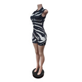 Women Sleeveless Ribbed Print Stretch Jumpsuit