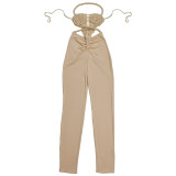 Women Sexy Casual Halter Neck Backless Solid Jumpsuit