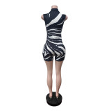 Women Sleeveless Ribbed Print Stretch Jumpsuit