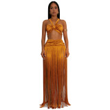 Women's Fashion Sexy Strap Top & Fringe Long Skirt Two-Piece Set