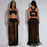 Women's Fashion Sexy Strap Top & Fringe Long Skirt Two-Piece Set