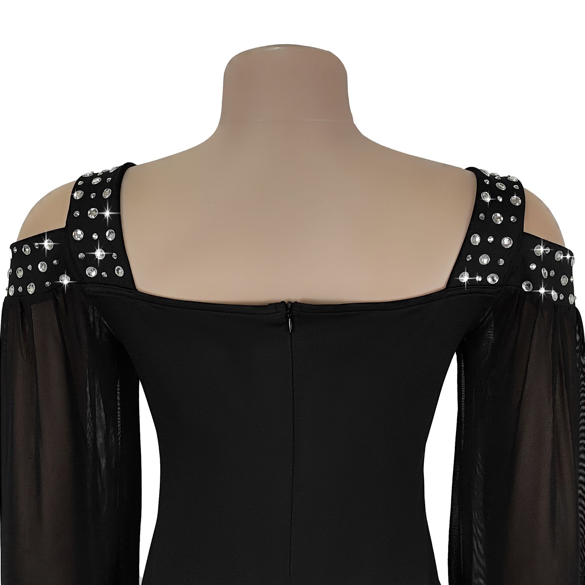 Fashion Women's Elegant Rhinestone Square Neck Mesh Slim Long Dress