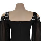 Fashion Women's Elegant Rhinestone Square Neck Mesh Slim Long Dress