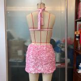 Sequin Low Back Tie Halter Neck Fitted Bodycon Skirt Set